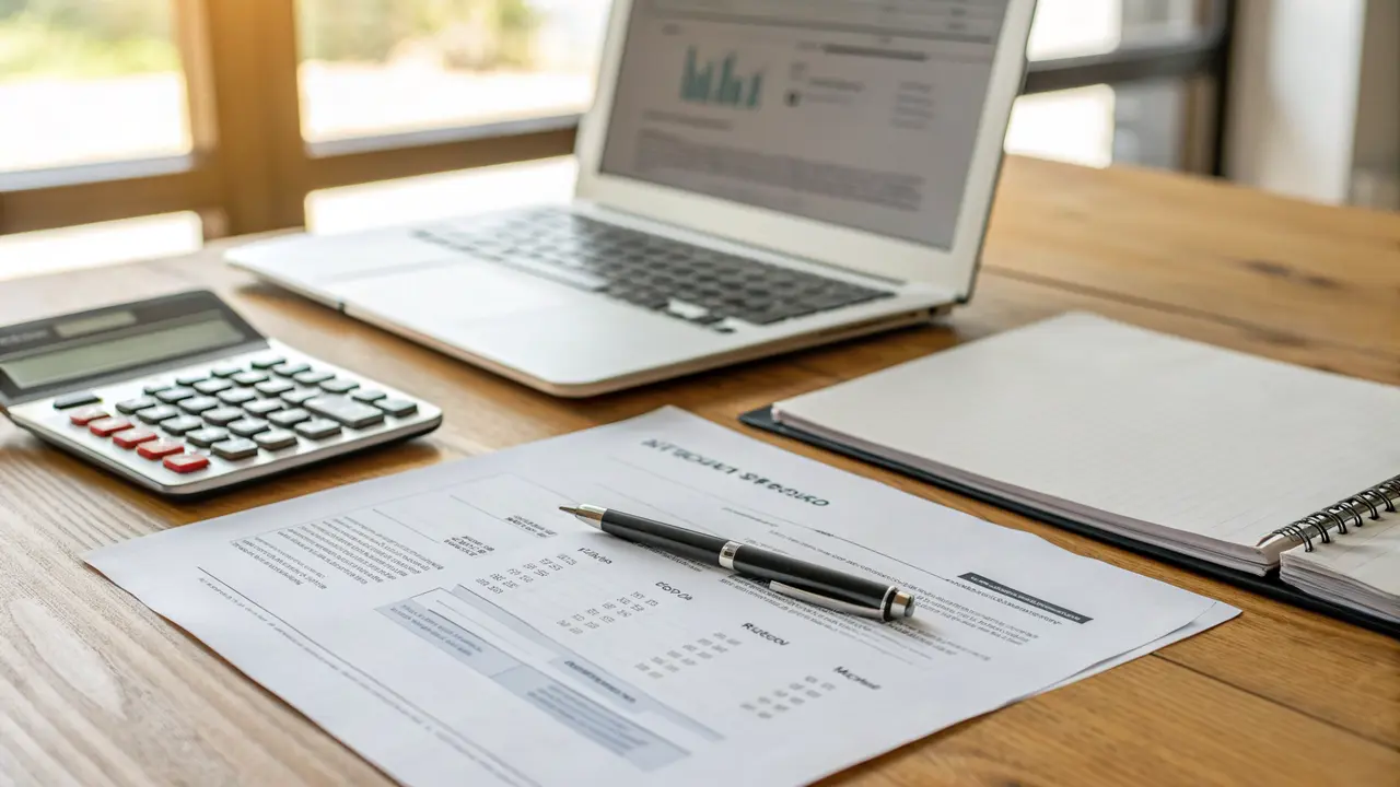 Stapel Formulare und ein Taschenrechner auf einem Schreibtisch neben einem Laptop