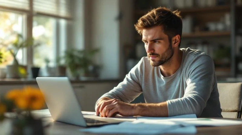 Mann rechnet am Schreibtisch mit Foerderantrag und Taschenrechner in einer hellen Wohnung