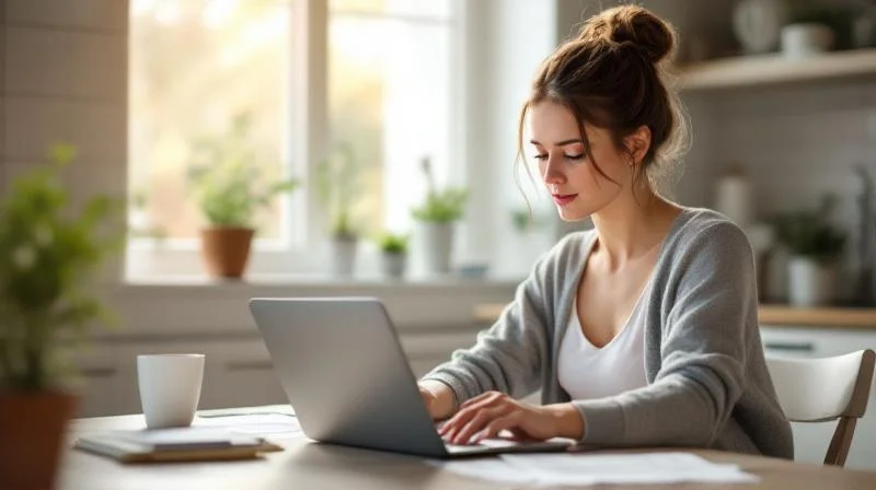 Frau am Laptop in einem hellen Raum in Kaiserslautern bereitet Unterlagen fuer die Agentur fuer Arbeit vor