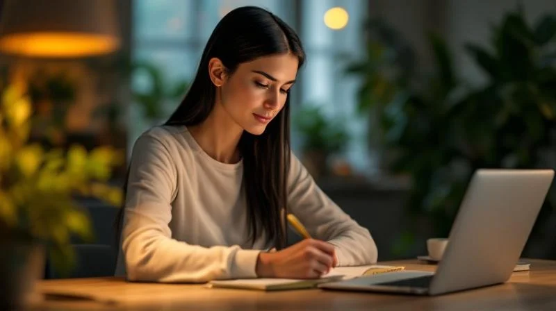 Frau notiert sich etwas in einem Notizbuch beim Online-Lernen am Abend in Kaiserslautern