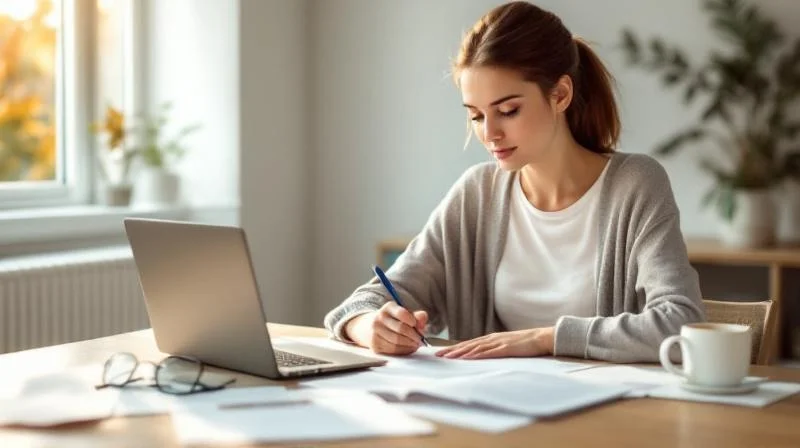 Frau bereitet sich auf eine IHK-Pruefung vor, Unterlagen auf dem Schreibtisch in Kaiserslautern