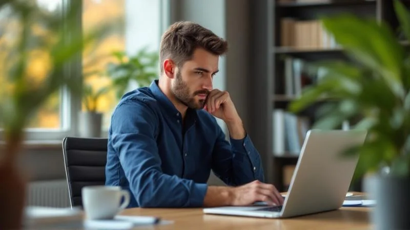 Mann sitzt am Schreibtisch und plant seine Karriere in Kaiserslautern mit Laptop und Notizbuch