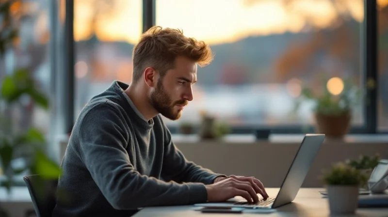 Kaiserslauterner Angestellter im Büro mit Laptop, im Hintergrund TU-Campus und Pfälzerwald