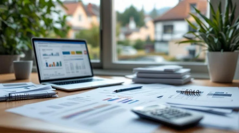 Schreibtisch mit Steuerunterlagen und Laptop in einer Kaiserslauterner Wohnung mit Pfalz-Skyline am Fenster