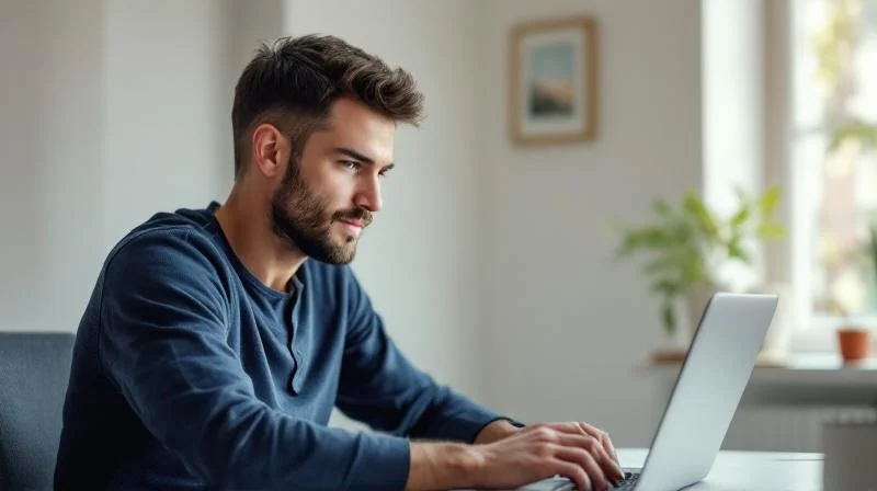 Mann am Schreibtisch in Kaiserslautern schaut konzentriert auf seinen Bildschirm bei einer Online-Weiterbildung