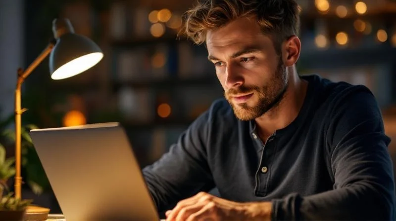 Mann arbeitet abends am Laptop an seiner Weiterbildung in Kaiserslautern